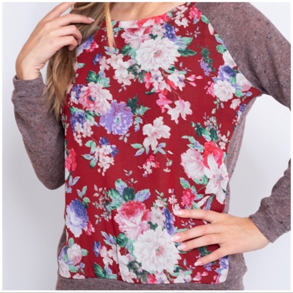 Burgundy Floral Round Neckline Long Sleeve Sz.M/L - Picture 4 of 5